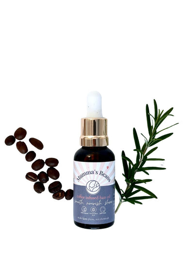 coffee and rosemary for hair - hair oil bottle with rosemary twig and coffee beans