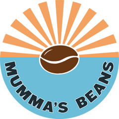 Logo of 'Mumma's Beans' with a coffee bean and sun rays on a blue background