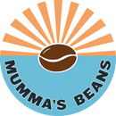 Logo of 'Mumma's Beans' with a coffee bean and sun rays on a blue background