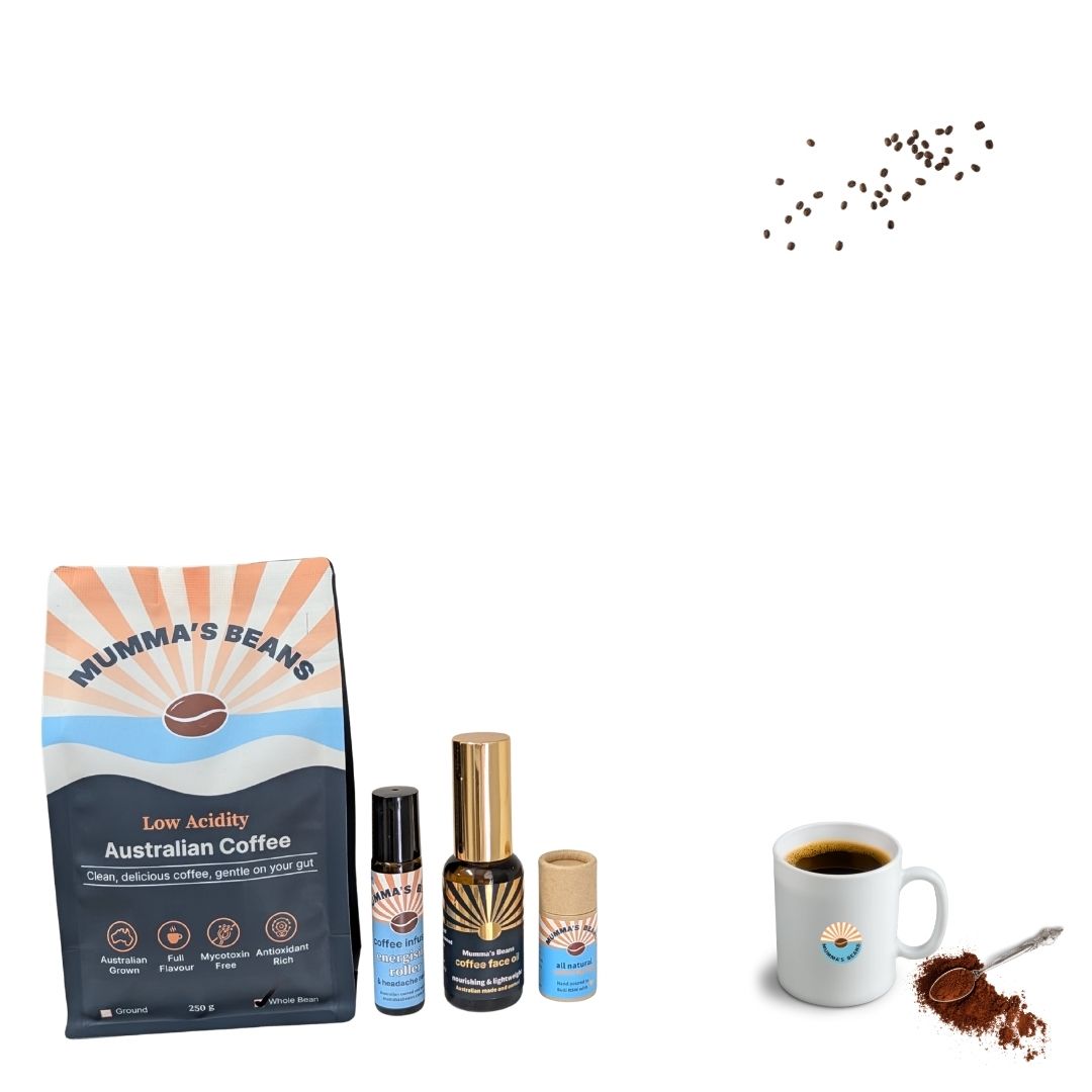 Mumma's Beans Australian Coffee bag with Mumma's Beans Coffee skincare products and cup of coffee