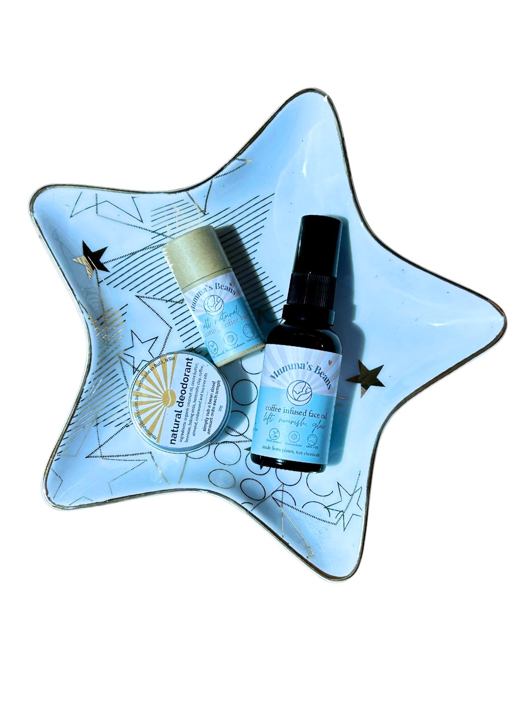 natural skincare essentials on a christmas plate