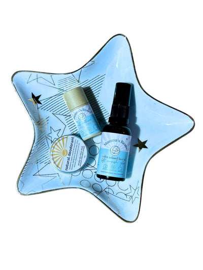 natural skincare essentials on a christmas plate