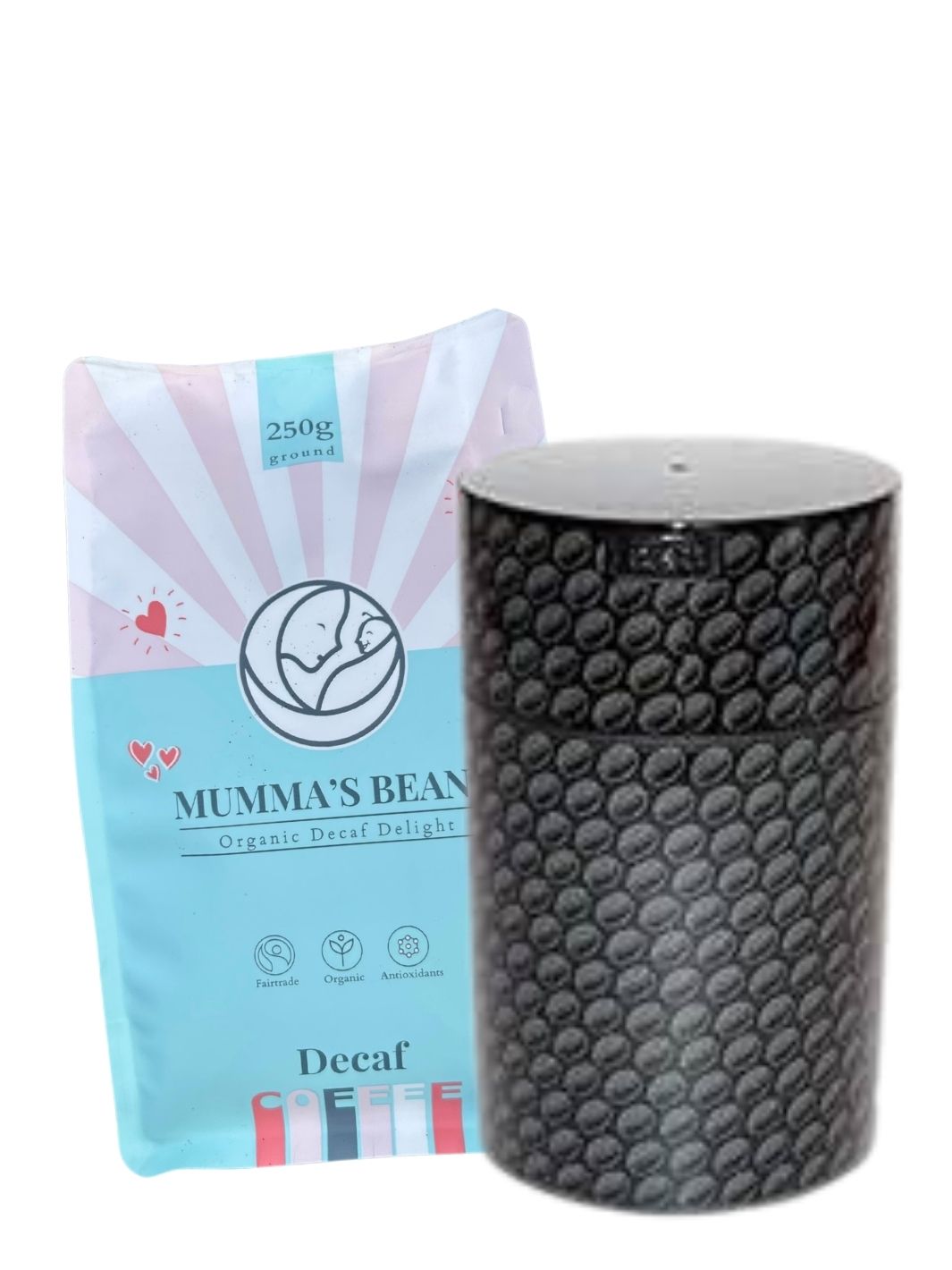 airtight coffee container with coffee beans design and bag of Mumma&