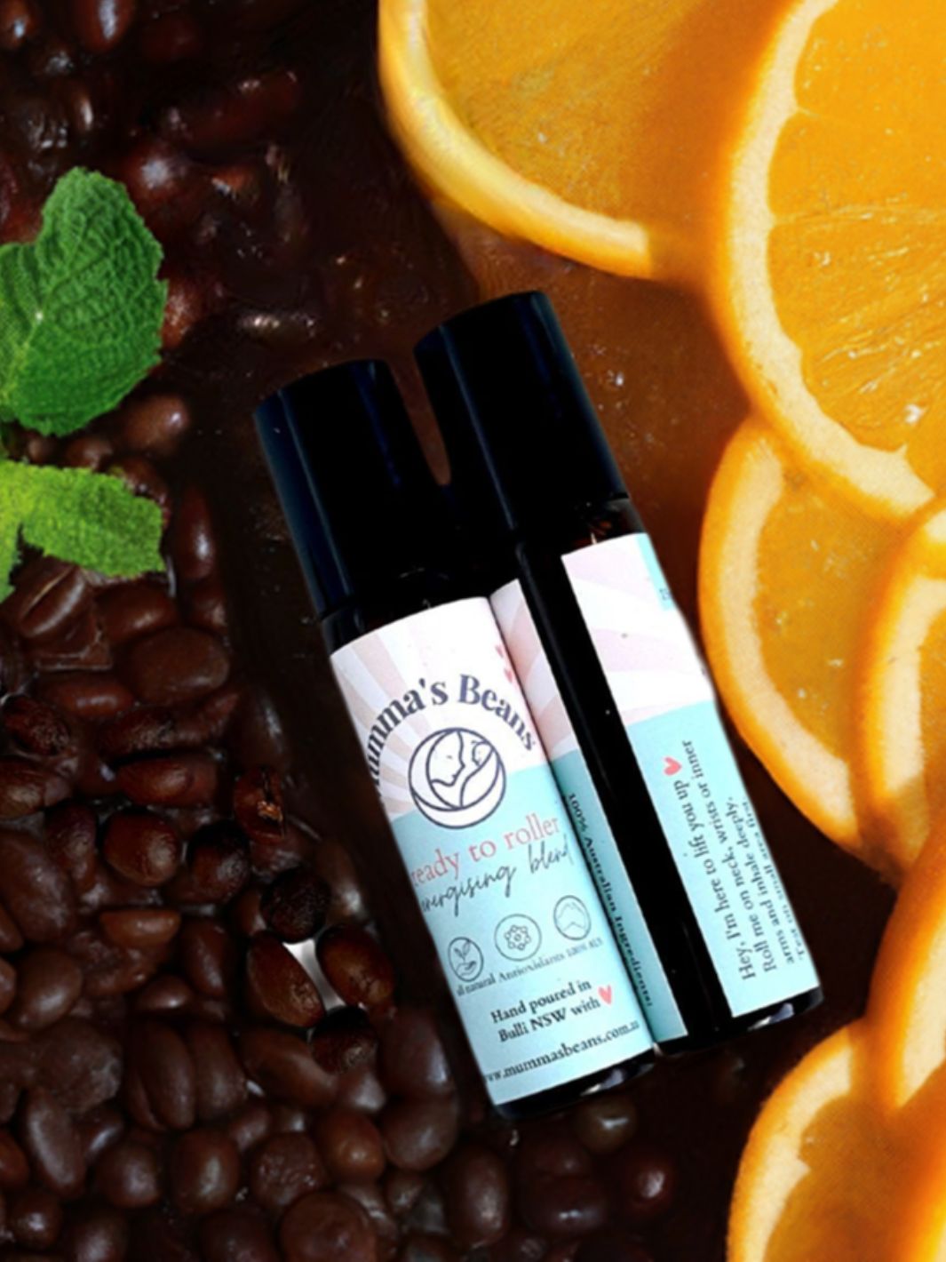energising oil rollers with citrus, coffee and mint