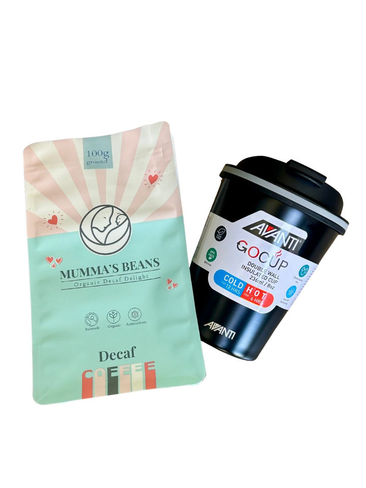 organic decaf coffee bag with black insulated cup