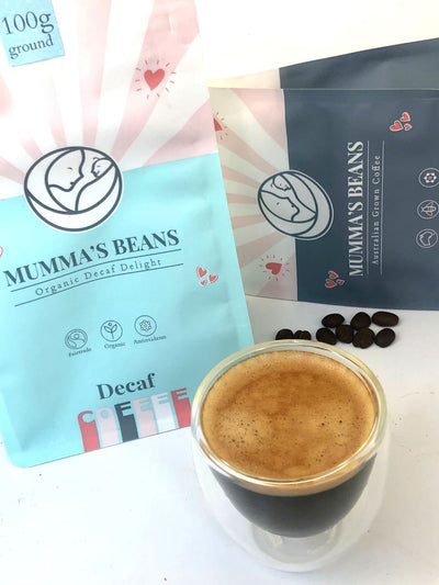 Mummas Beans Lower and No Caffeine Coffee with Espresso in glass